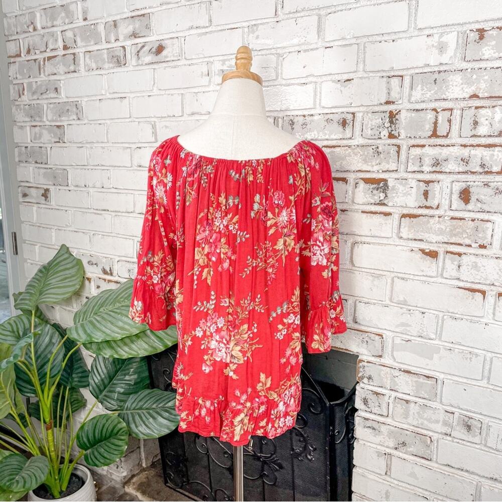 Vintage Denim & Supply Ralph Lauren Red Cotton Floral Flowy 3/4 Sleeve Top L - Picture 8 of 10